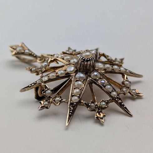 1909 British antique 9ct gold and pearl pendant brooch