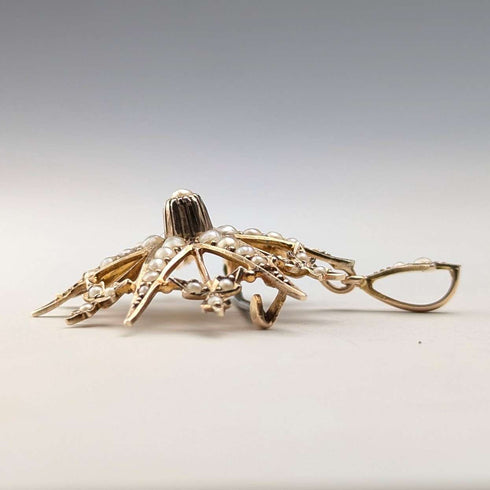 1909 British antique 9ct gold and pearl pendant brooch