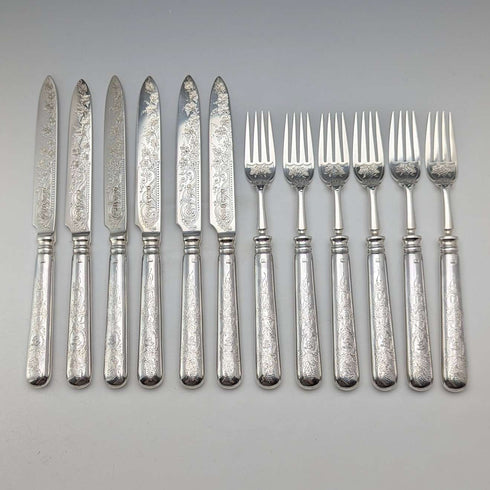 1894年 英国アンティーク 総純銀製 フルーツカトラリーセット 12ペア 計783g R F Mosley 木箱入り
