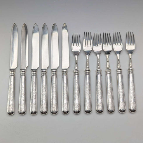 1894年 英国アンティーク 総純銀製 フルーツカトラリーセット 12ペア 計783g R F Mosley 木箱入り
