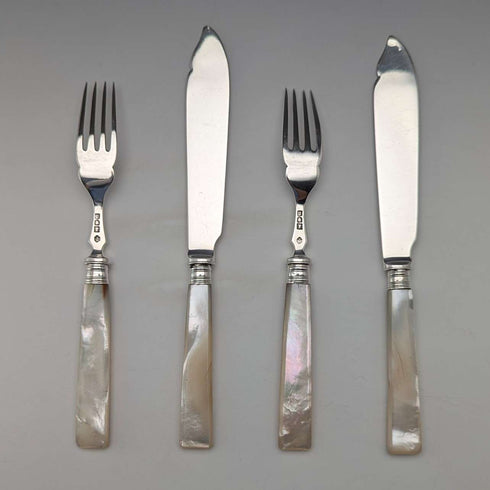 Cubertería de postre, 2 pares, plata de ley con mango de nácar, William Hutton, antigüedades británicas de 1904