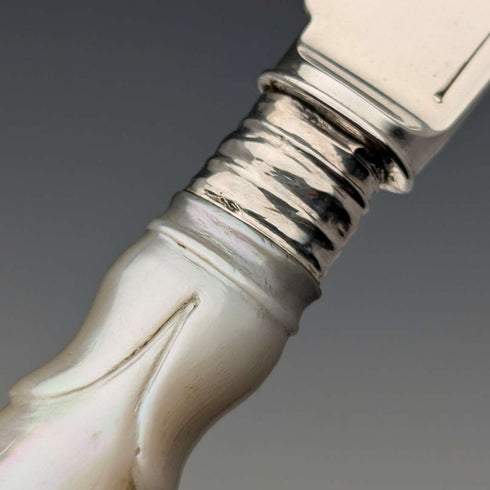 1899 British antique white mother-of-pearl handle, pure silver blade dessert cutlery, 4 pairs, John Sanderson