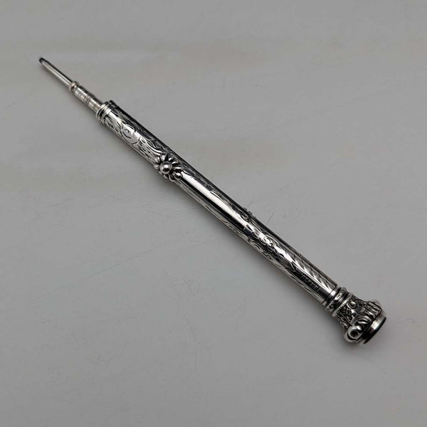 Circa 1905, lápiz mecánico y pluma de inmersión antiguos de plata de ley, 90-112 mm