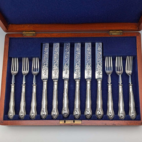 1902년 영국 앤틱 순은제 디저트 커틀러리 6세트 총 466g P Ashberry&Sons 우드 케이스 포함