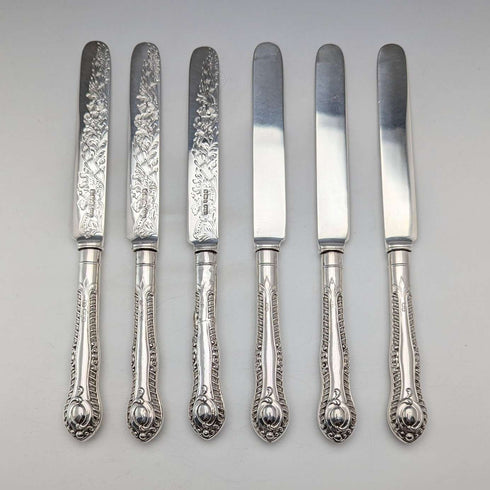 1902년 영국 앤틱 순은제 디저트 커틀러리 6세트 총 466g P Ashberry&Sons 우드 케이스 포함