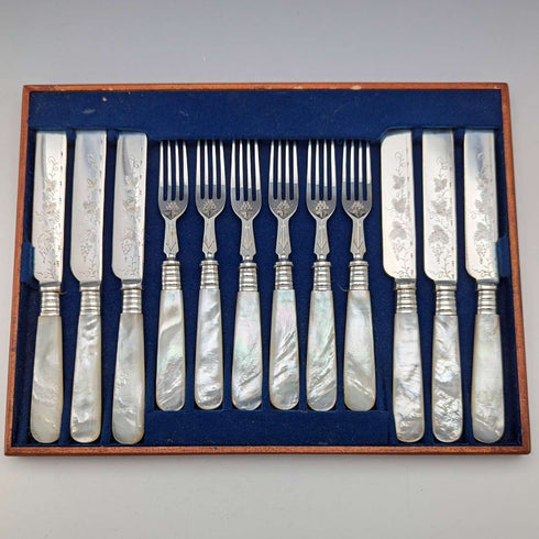 1890년경 영국 앤티크 백접패 핸들 디저트 커틀러리 6세트(12p) Mappin&Webb 트레이 포함