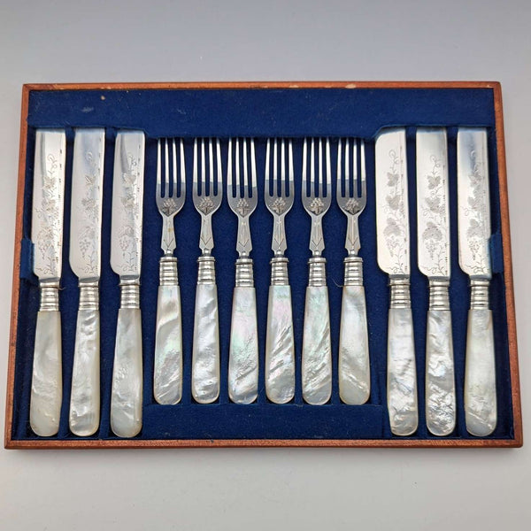 1890년경 영국 앤티크 백접패 핸들 디저트 커틀러리 6세트(12p) Mappin&Webb 트레이 포함