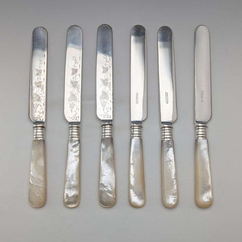 1890년경 영국 앤티크 백접패 핸들 디저트 커틀러리 6세트(12p) Mappin&Webb 트레이 포함