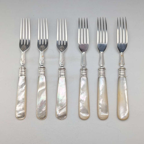 1890년경 영국 앤티크 백접패 핸들 디저트 커틀러리 6세트(12p) Mappin&Webb 트레이 포함
