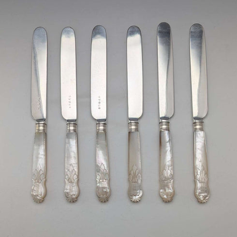 約 1860 年英國古董雕刻白色珍珠手柄甜點餐具 6 對 TBNA 托盤包括