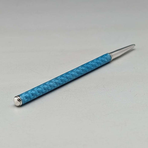Vintage Sterling Silver & Blue Guilloche Enamel Mini Push-Pull Pencil