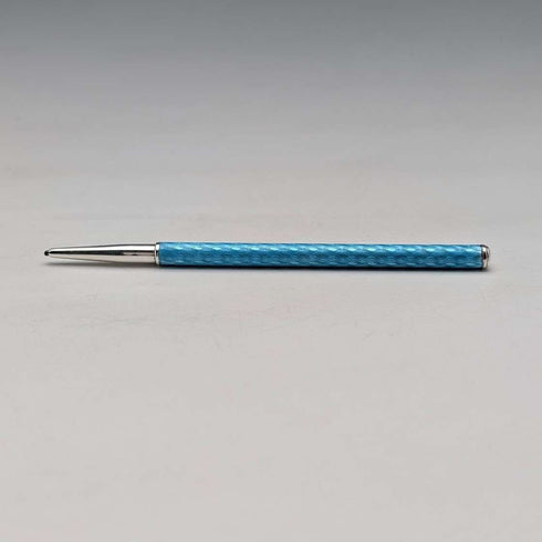 Vintage Sterling Silver & Blue Guilloche Enamel Mini Push-Pull Pencil