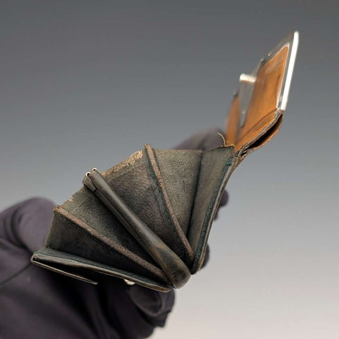 Circa 1905 German antique sterling silver decorated small leather wallet, green leather coin purse SD