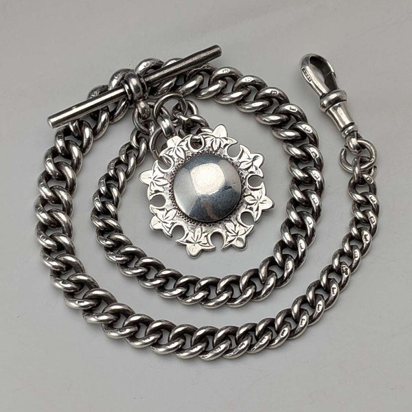 Cadena Albert de plata de ley antigua británica, c. 1910, 51 g, con medalla colgante de plata de ley