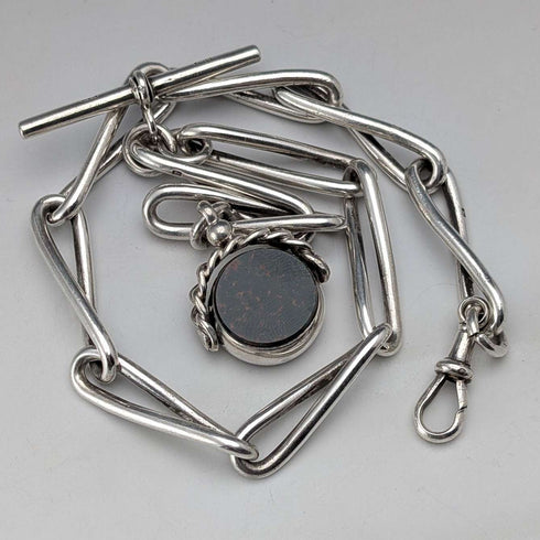 Cadena Albert de plata de ley antigua británica, c. 1900, 51 g, con dije giratorio de dos piedras naturales