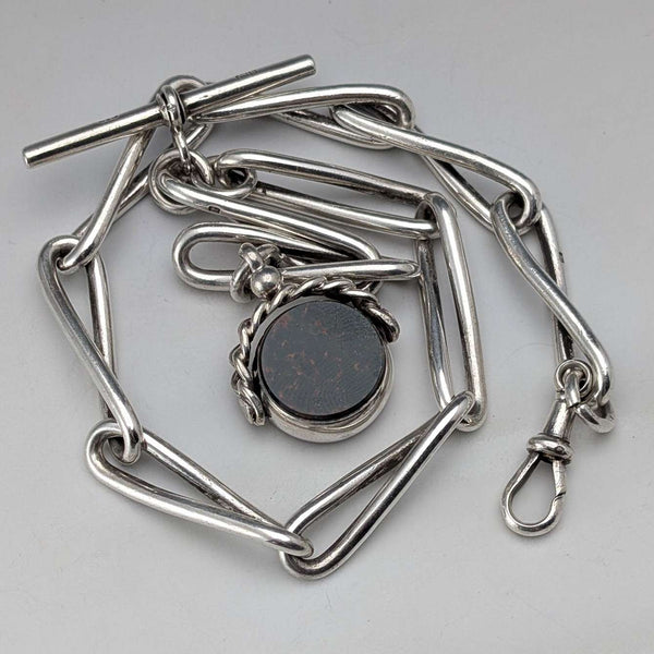 Cadena Albert de plata de ley antigua británica, c. 1900, 51 g, con dije giratorio de dos piedras naturales