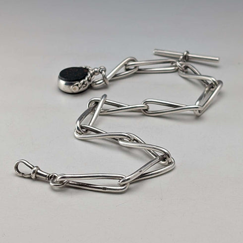 Cadena Albert de plata de ley antigua británica, c. 1900, 51 g, con dije giratorio de dos piedras naturales