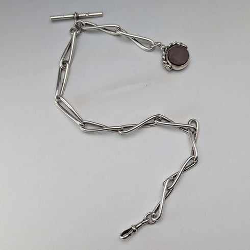 Cadena Albert de plata de ley antigua británica, c. 1900, 51 g, con dije giratorio de dos piedras naturales