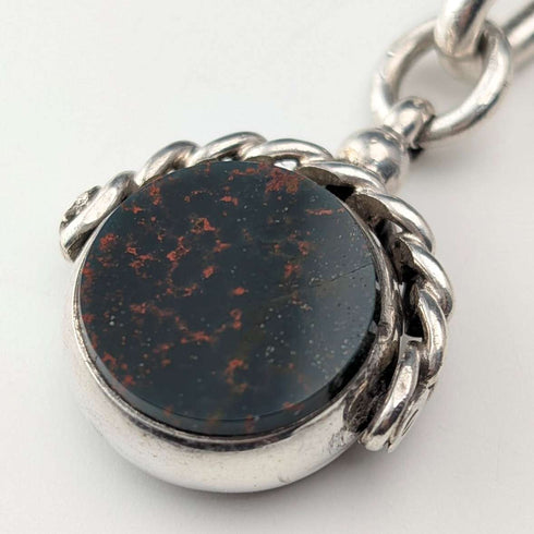 Cadena Albert de plata de ley antigua británica, c. 1900, 51 g, con dije giratorio de dos piedras naturales