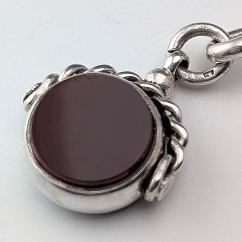 Cadena Albert de plata de ley antigua británica, c. 1900, 51 g, con dije giratorio de dos piedras naturales