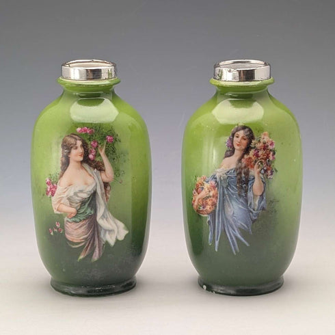 1910年 英国古董 陶瓷绘花女士花瓶一对 纯银装饰