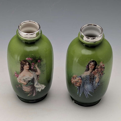 1910年 英国古董 陶瓷绘花女士花瓶一对 纯银装饰