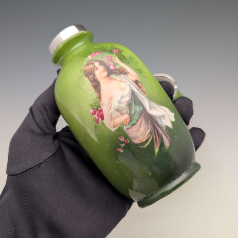 1910年 英国古董 陶瓷绘花女士花瓶一对 纯银装饰