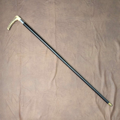 1914年 英国アンティーク ブラックシャフト L字アントラーハンドル 純銀装飾 ステッキ 杖 88cm