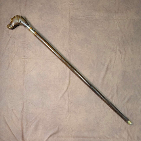 Bastón vintage británico con eje marrón y empuñadura de resina en forma de cabeza de perro, 83 cm