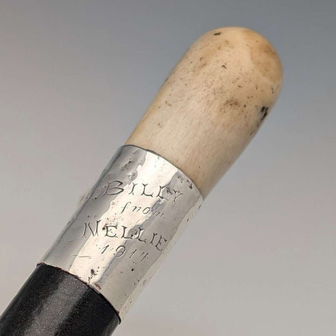 1914年 英国アンティーク ブラックシャフト L字アントラーハンドル 純銀装飾 ステッキ 杖 88cm