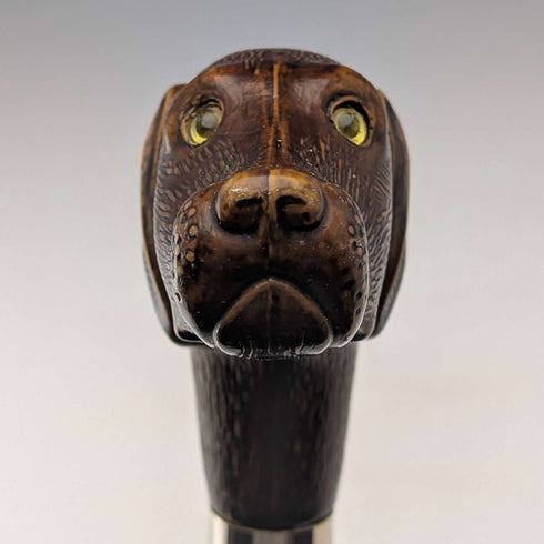 Bastón vintage británico con eje marrón y empuñadura de resina en forma de cabeza de perro, 83 cm