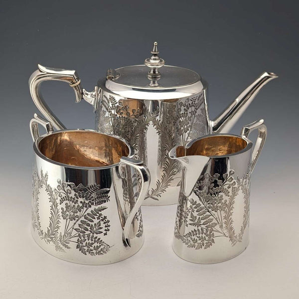 Juego de té de 3 piezas de plata plateada, antigüedad británica de alrededor de 1885, Briddon Brothers