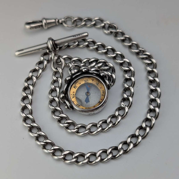 Circa 1900 British antique sterling silver Albert chain, 37g, sterling silver compass fob