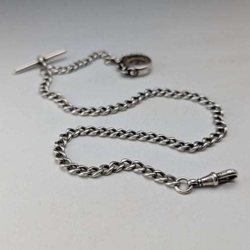 Circa 1900 British antique sterling silver Albert chain, 37g, sterling silver compass fob