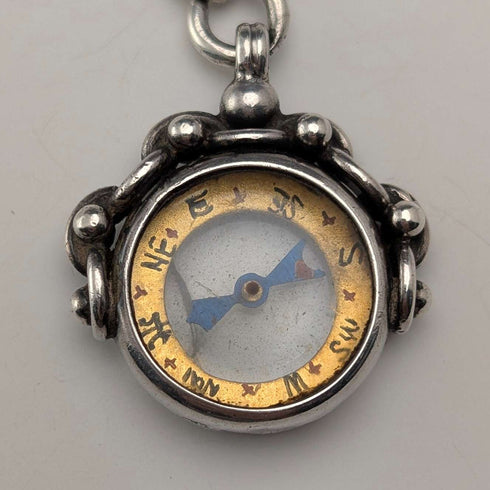 Circa 1900 British antique sterling silver Albert chain, 37g, sterling silver compass fob