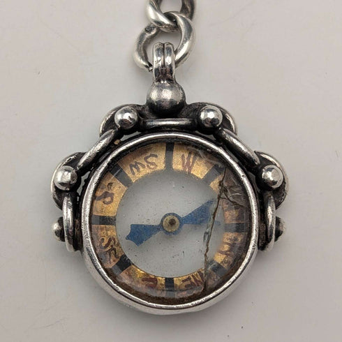 Circa 1900 British antique sterling silver Albert chain, 37g, sterling silver compass fob