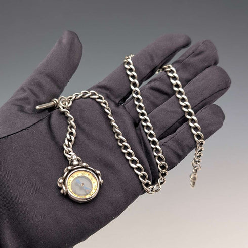 Circa 1900 British antique sterling silver Albert chain, 37g, sterling silver compass fob