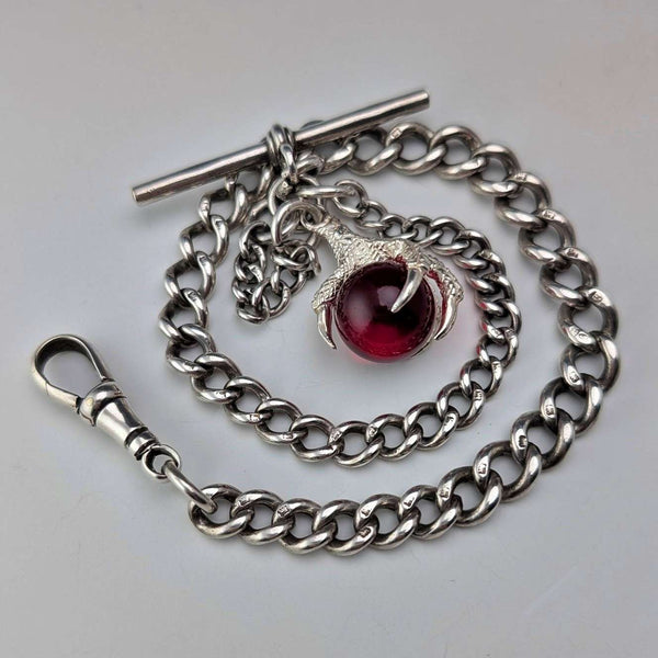 Cadena Albert de plata esterlina antigua británica de alrededor de 1900, 28 g, con dije de garra y bola