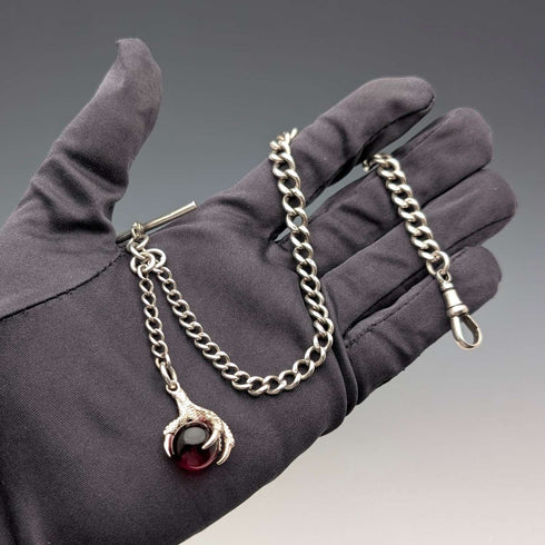 1900年頃 英国アンティーク 純銀製アルバートチェーン 28g クロウ&ボウルフォブ