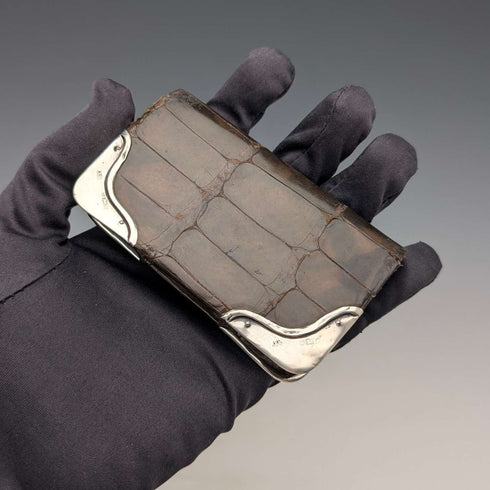 1903年 英国アンティーク 純銀装飾 小型革財布 小銭入れ