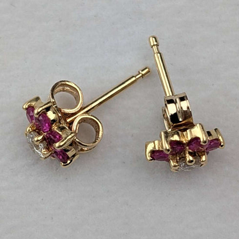 アンティーク K18ゴールドピアス ダイヤモンド&ルビー フラワー