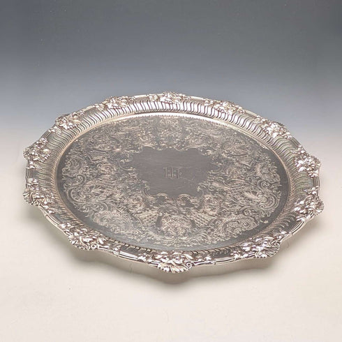 Vintage British silver plated round leg Salva, diameter 36cm