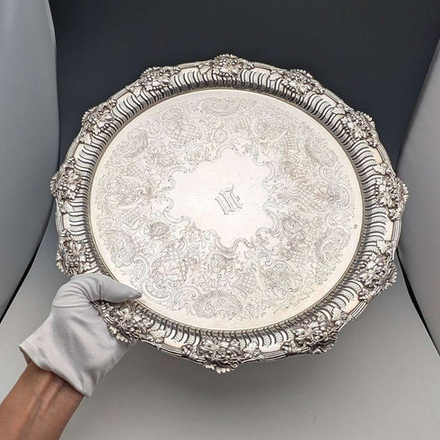 Vintage British silver plated round leg Salva, diameter 36cm