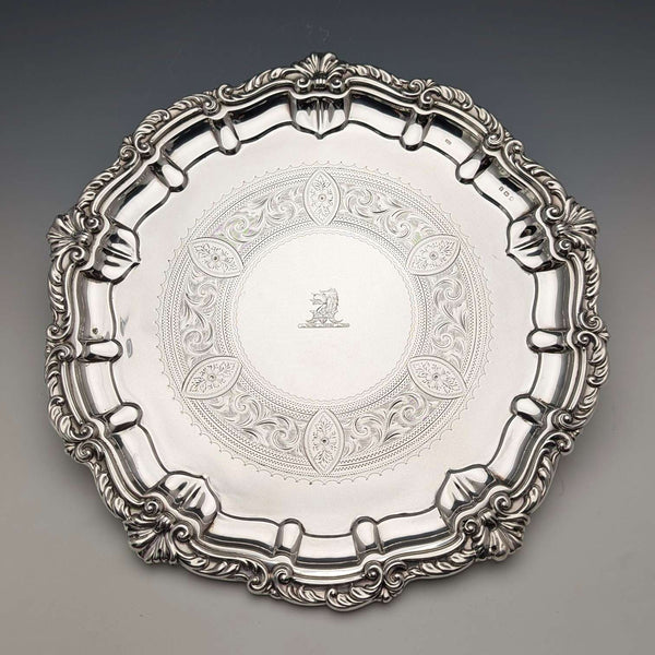 1908年 英国アンティーク 純銀製サルヴァ 直径30cm 624g William Devenport