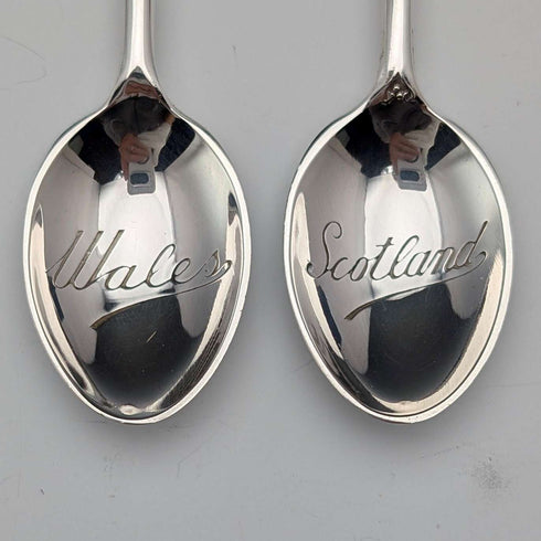 Cucharas de café vintage británicas de plata de ley con decoración de esmalte, 1967 (juego de 4, 48 g en total), de Turner & Simpson, en estuche.
