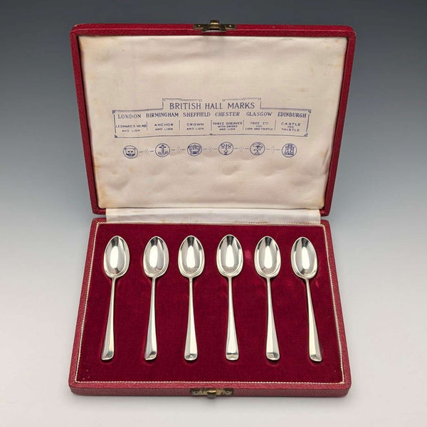1957年 英国复古多重标志纯银茶匙6支,总重80克,Roberts & Belk出品,带原装盒。