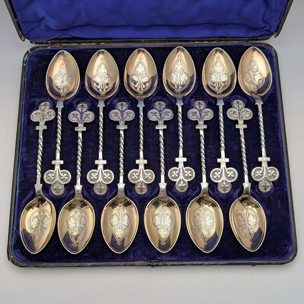 约1850年 英国古董镀银甜点勺x12 Jehoiada Alsop Rhodes制 带盒