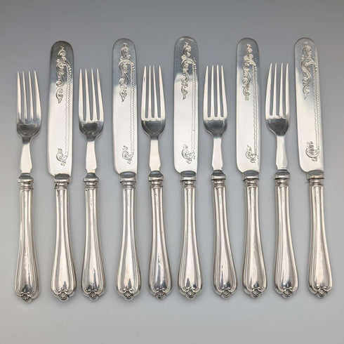Alrededor de 1939, cubiertos vintage británicos con mango de plata esterlina, 5 pares, de Barker Brothers, en caja de madera