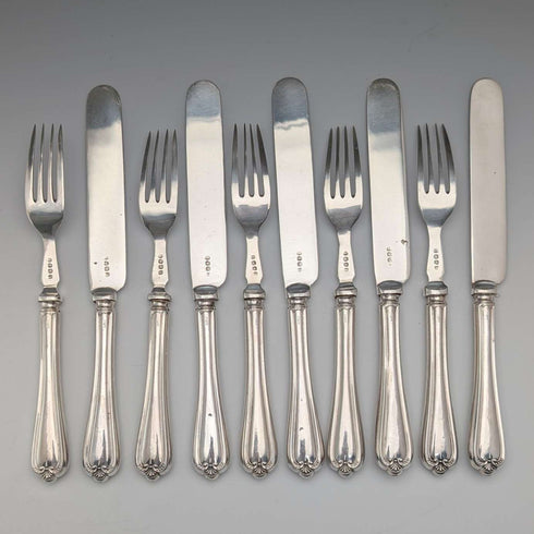Alrededor de 1939, cubiertos vintage británicos con mango de plata esterlina, 5 pares, de Barker Brothers, en caja de madera