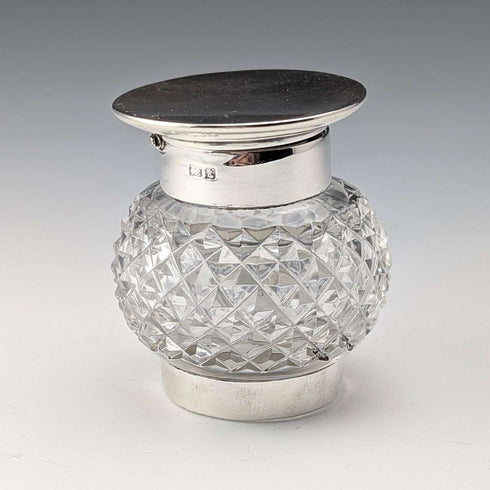 1905년 영국 앤틱 순은 뚜껑 & 컷 글라스 잉크병 Colen Hewer Cheshire